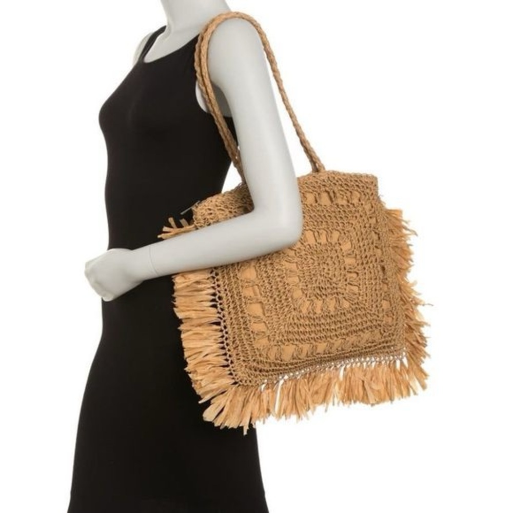 Most Wanted USA Seagrass Woven Tote new with tags tan brown color zip shoulder